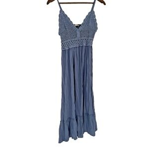 Blue Crochet Maxi Sundress Strappy V-Neck tiered cottagecore boho festival flowy